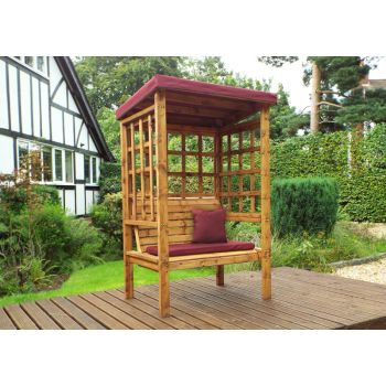 Bramham Two Seat Arbour - W121 x D82 x H196 cm - Fully Assembled - Burgundy Cushion and Roof Cover Included