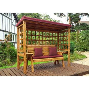 Wentworth Three Seater Arbour - W225 x D92 x H194 cm - Fully Assembled - Burgundy Cushion and Sun Canopy Included