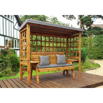 Wentworth Three Seater Arbour - W225 x D92 x H194 cm - Fully Assembled - Grey Cushion and Sun Canopy Included