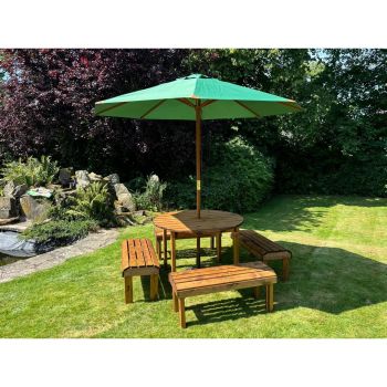 Knights Eight Seater Garden Furniture Round Table Set - L230 x W230 x H80 cm - Green Parasol Included