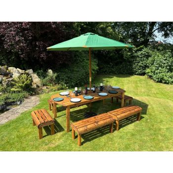 Knights Ten Seater Garden Furniture Table Set - L216 x W400 x H80 cm - Green Parasol Included
