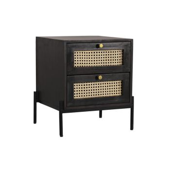 Multi Pack of 2 - Rattan Bedside Table 2 Drawer - Mango Wood/Iron - L45 x W45 x H55 cm - Black Finish with Natural Rattan - Assembly Required