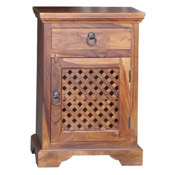 Ganga Latic Jali Bedside with Right Side Door - Sheesham Wood - L31 x W45 x H65 cm - Honey Dark Finish
