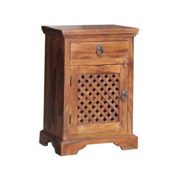 Ganga Latic Jali Bedside with Left Side Door - Sheesham Wood - L31 x W45 x H65 cm - Honey Dark Finish
