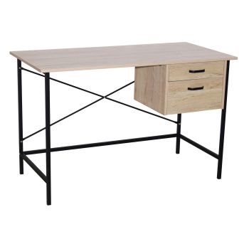 2 Drawer Desk with Oak Effect and Grey Metal Legs - 0 - 120 x 60 x 76 cm - Oak/Black