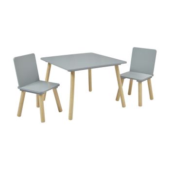 Kids Grey and Pinewood Table and Chair Set - L60 x W60 x H44 cm