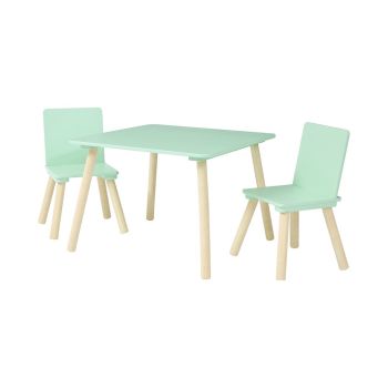 Kids Aqua Green & Pine Table and Two Chairs set - L60 x W60 x H44 cm