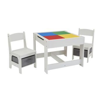 White Construction Top Table with Two Chairs and Storage - L60 x W60 x H48 cm