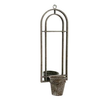 Wall Mirror with Single Planter - Distressed Metal - L15 x W20 x H65 cm