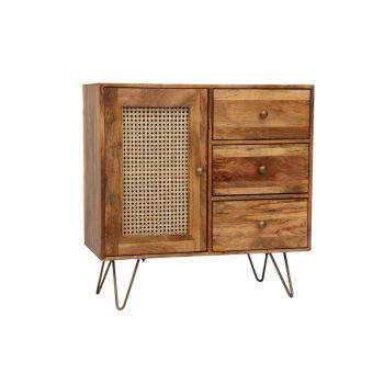 Nyack Small 3 Drawer Sideboard - Mango Wood/Iron - L40 x W90 x H87 cm - Light Brown with Natural Rattan - Assembly Required