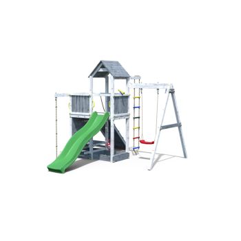 FLA FLI FLO Activer with Green Slide - Outdoor Play Set - Pressure Treated Wood - L390 x W410 x H274 cm - Grey/White