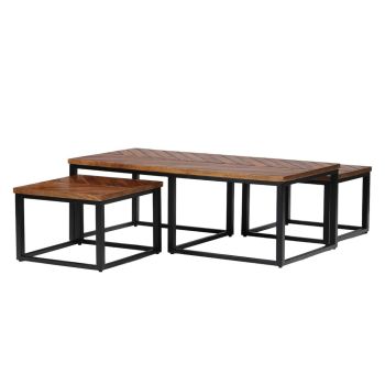 Parquet Coffee Table with Stool - Mango Wood/Iron - L60 x W120 x H41.5 cm