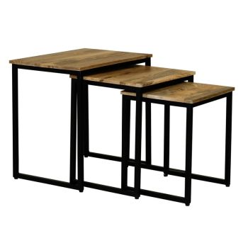 Ravi Iron Base Solid Wood Stool (Set of 3) - Mango Wood/Iron - L40 x W54 x H54 cm - Light Finish