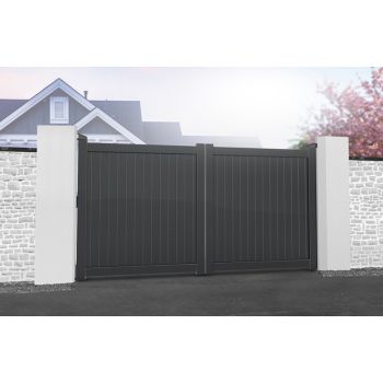 Double Swing Gate - Aluminium - 3750x1800mm - Grey - Vertical Solid Infill and Flat Top, Full Privacy Driveway Gate