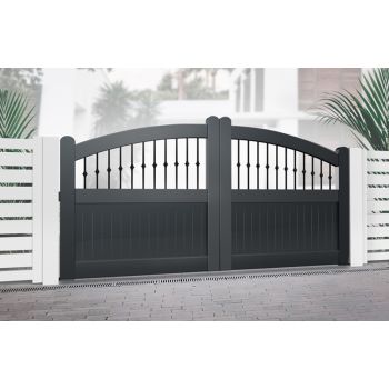 Double Swing Gate 3500x2000mm Black - Vertical Solid Infill, Bell-Curved Top