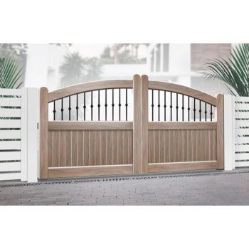 Double Swing Gate 4500x1800mm Wood - Vertical Solid Infill, Bell-Curved Top