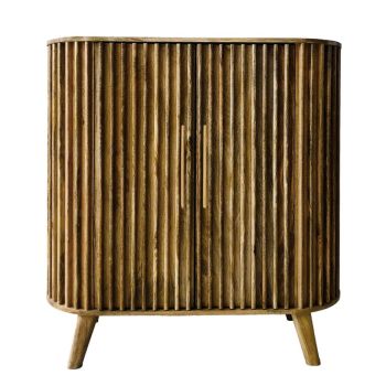 Slated 2 Door Highboard Cabinet - Mango Wood - L45 x W106.5 x H110 cm - Light Finish - Assembly Required