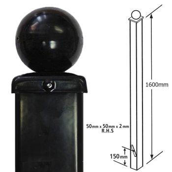 Square Ball Top Concrete-In Blank Post, Any Low Gates - Solid Steel - L50 x W50 x H1600 mm - Electro Galv./Black Powder Coated