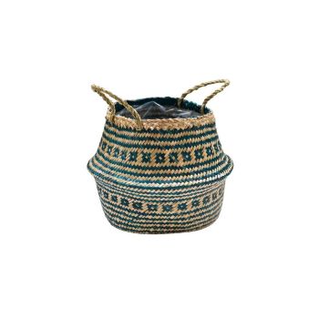 Seagrass Tribal Teal Lined Basket Small - L30 x W30 x H25 cm