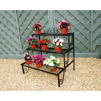 3 Tier Pot Stand - Decorative Garden Shelf - Solid Steel - L63.5 x W82.5 x H76.2 cm - Black