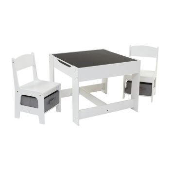 White Table and Chairs with Grey Storage Bins - L60 x W60 x H48 cm