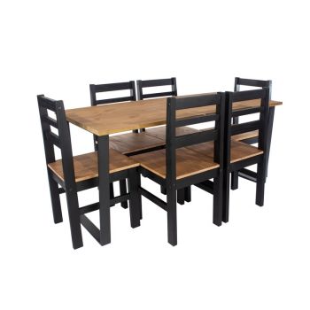 Texas Rectangular Dining Table with Metal Legs and 6 Linea Ladder Back Chairs - Black/Antique Waxed Pine - Flat Packed