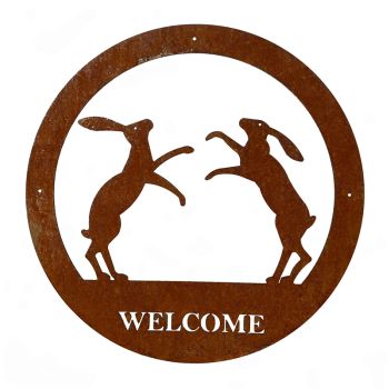 Boxing Hares Small Wall Art - With Text - Steel - W29.5 x H29.5 cm - Bare Metal/Ready to Rust