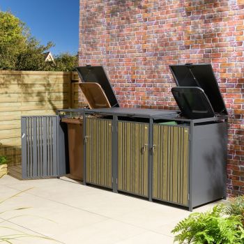 Wimbledon Quadruple Bin Store with Assembly - Steel - L81 x W265 x H116.5 cm - Oak - Powder-coated