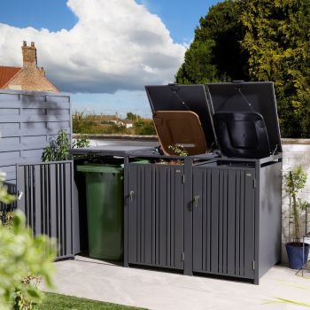 Wimbledon Triple Bin Store with Assembly - Steel - L81 x W200.5 x H116.5 cm - Anthracite - Powder-coated