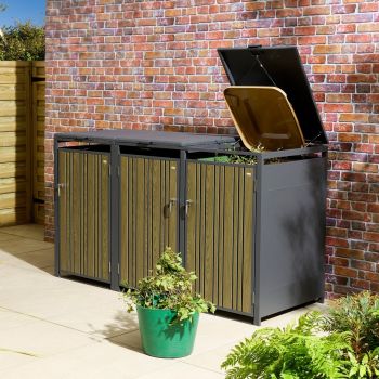 Wimbledon Triple Bin Store with Assembly - Steel - L81 x W200.5 x H116.5 cm - Oak - Powder-coated