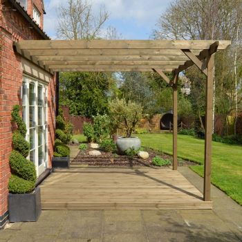 Wall Mounted Garden Pergola and Decking Kit - Wood - L480 x W480 cm - Rustic Brown